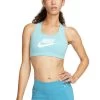 Nike Swoosh Grafik Sport-BH Damen Hellblau Weiß
