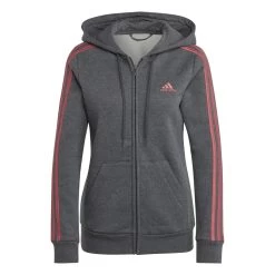 Adidas Essentials Fleece 3-Streifen Kapuzenjacke Damen Grau Coral